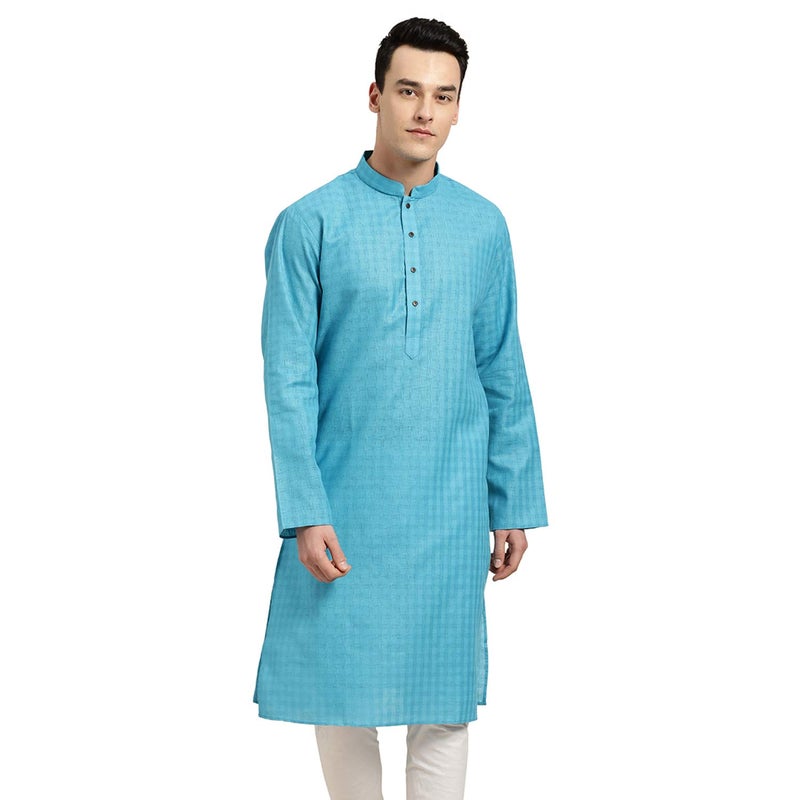Sojanya (Since 1958 Men'S Cotton Linen Peacock Blue Checked Only Long Kurta, Size 42 - Image 1